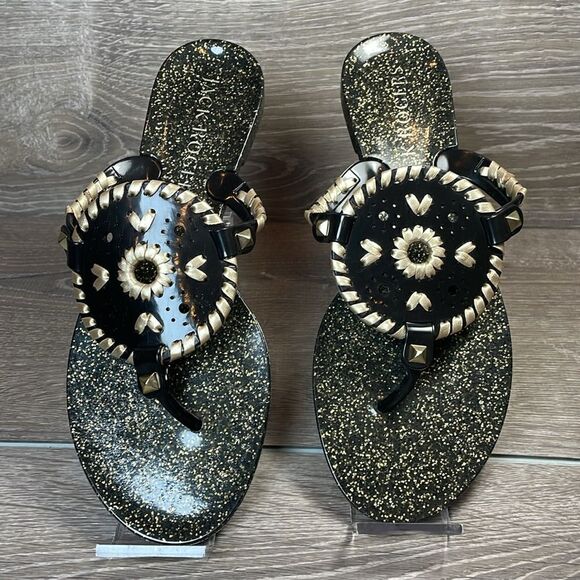Jack Rogers Georgica Black Gold Jelly Jeweled Women’s Sz 6 Slip On Slide Sandals
